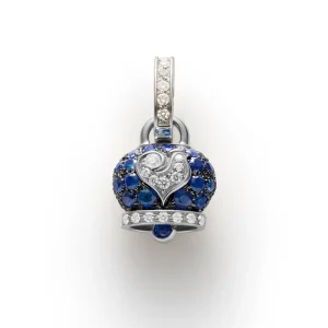 CHANTECLER Ciondolo campanella piccola in oro bianco brunito e zaffiri blu, galletto in oro bianco e Diamanti bianchi