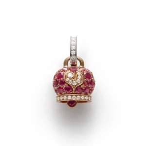 CHANTECLER Ciondolo Campanelle campanella media in oro rosa e rubini, galletto in oro bianco e diamanti bianchi